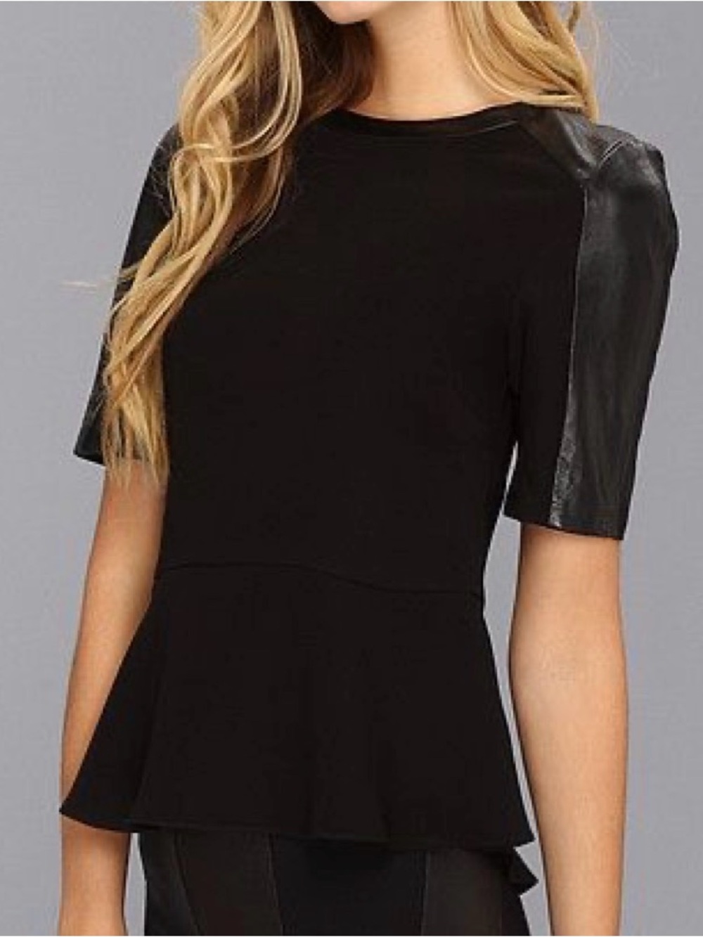 Ted Baker Wilowe Black Leather Sleeve Peplum Blouse Size 0 (US 2)